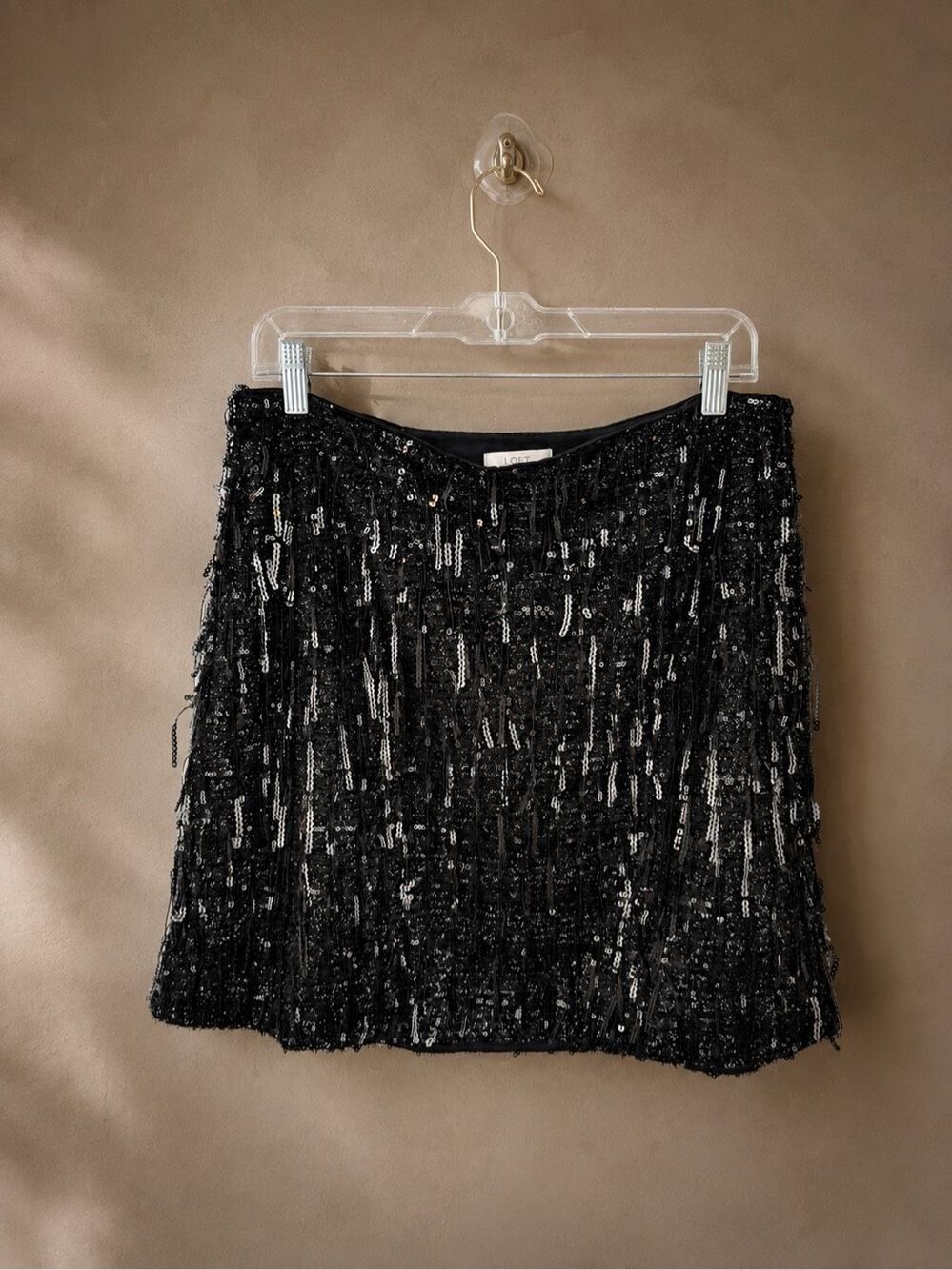 LOFT Size 10 Black Sequin Fringe Mini Skirt Party Holiday